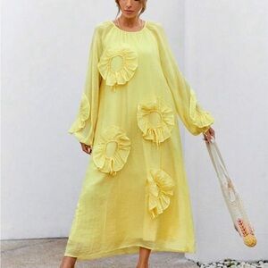 Yellow Floral Appliqué Long Sleeve Maxi Dress